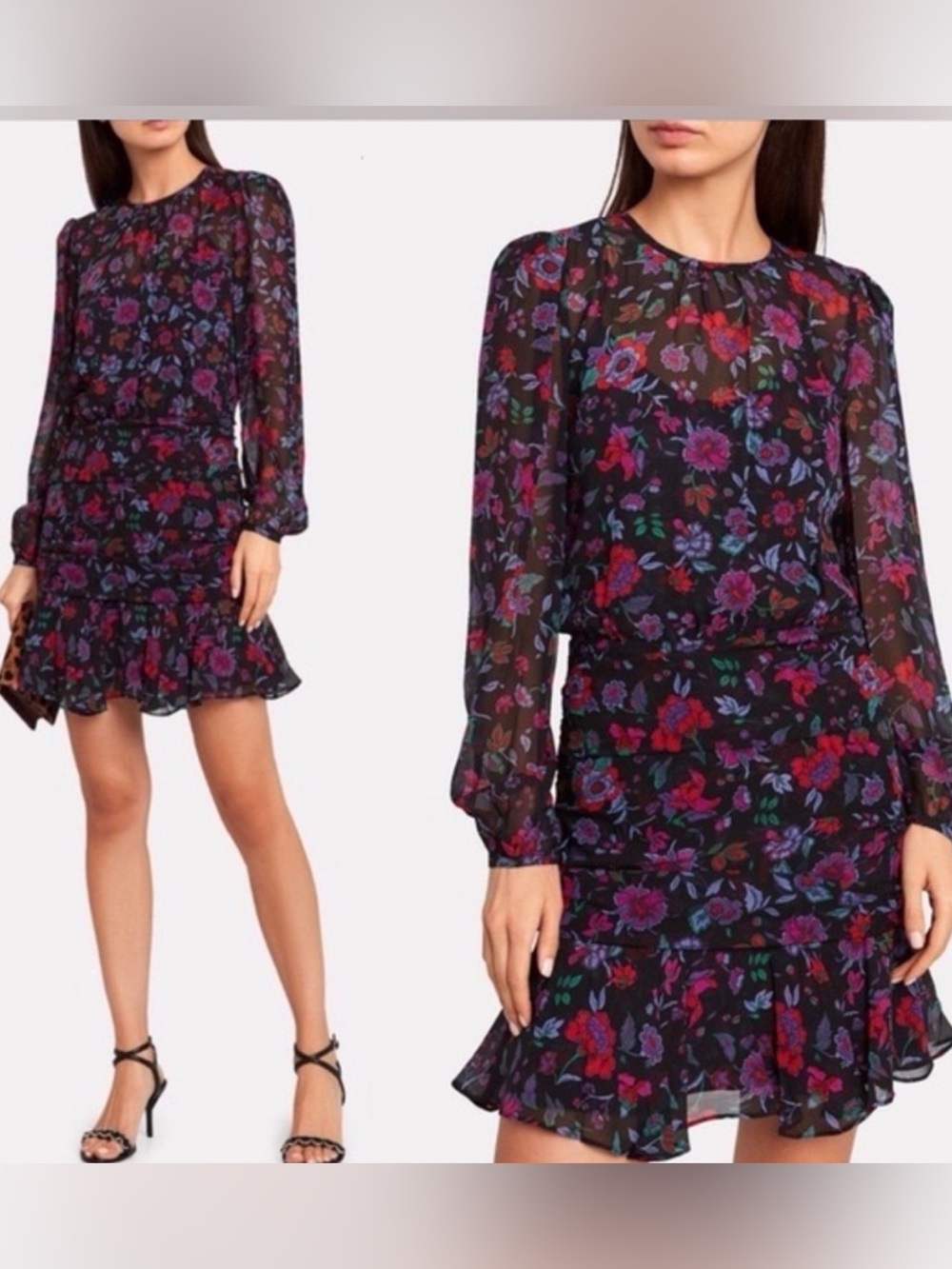 Veronica Beard Silk Dress
Black
Floral Print
Pleated & Ruffle Accents
Long Sleev